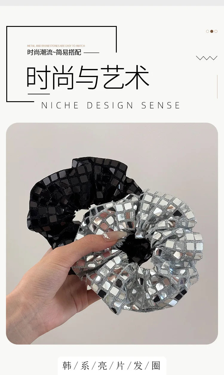 K-style Vintage Glitter Silver Scrunchies Sparkly Hair Ties for Women Chunky Sequin Ponytail Holder Party Elastic Hair Bands