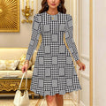 Women's Bohemian Casual Midi Dress Print Round Neck Long Sleeve A Line Loose Swing Dresses