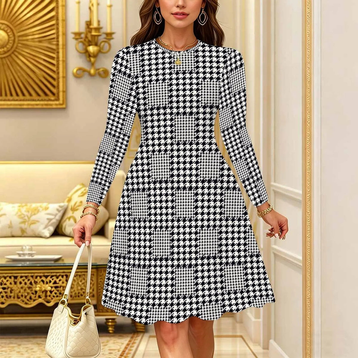 Women's Bohemian Casual Midi Dress Print Round Neck Long Sleeve A Line Loose Swing Dresses