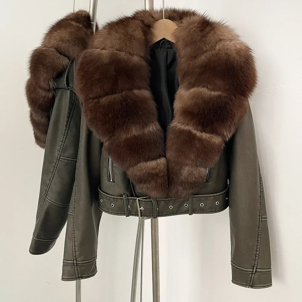 Faux PU Leather Jacket Natural Fox Fur Female New Autumn Short Top Clothing Women Long Sleeve Fake Leather Coat Real Fur Coat