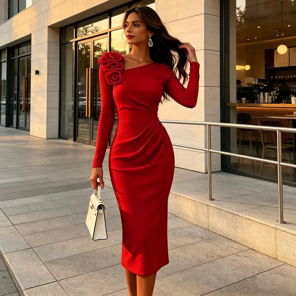 Retro Style Dress Women's Cocktail Party Bodycon Midi Dress Long Sleeve 3d Flower Ruched Gown Formal Wedding Guest Evening Wear
