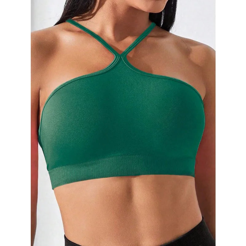 Women's Criss Cross Slim Fit Sports Cami Top Seamless Halter Crop Tee Shirt Tops Workout Tops