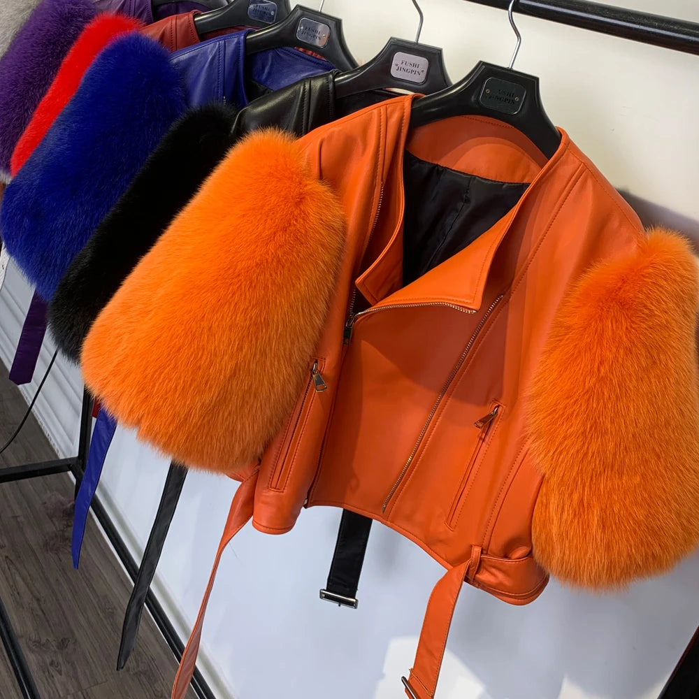 Leather Fur Jacket Natural Fur Sleeve Ladies Short Leather Jacket Real Fox Fur Sleeve Coat Women Autumn 21001-1