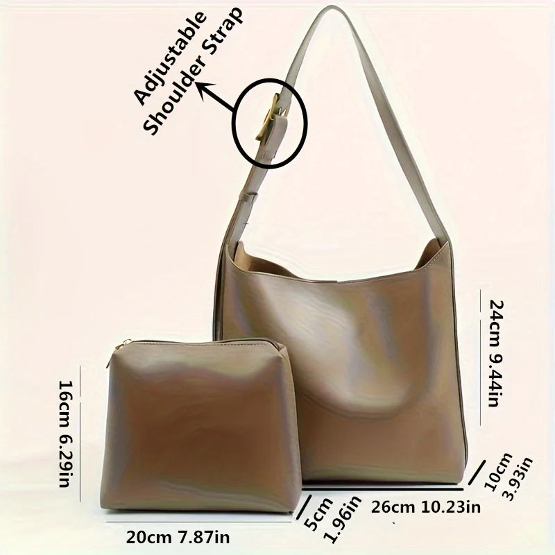 Women's Fashion Tote Bag, Minimalist Shoulder Handbag, Retro Faux Leather Bucket Bag, Polyurethane Lining, No Print