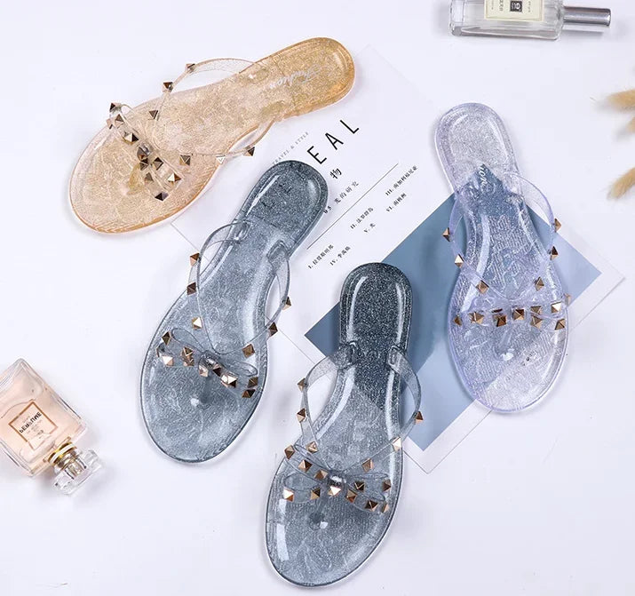 Women Low Pricing  Jelly Shoes Rivets Studs Bow-Knot Leisure Daily Flip-Flops For Raining Days Anti-Slip Flat Slippers Zoris 36