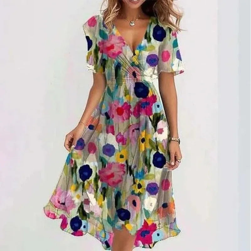 Elegant Floral Print Boho Party Dress Summer V Neck Short Sleeve Knee Length Vestidos BKLFZ-1616