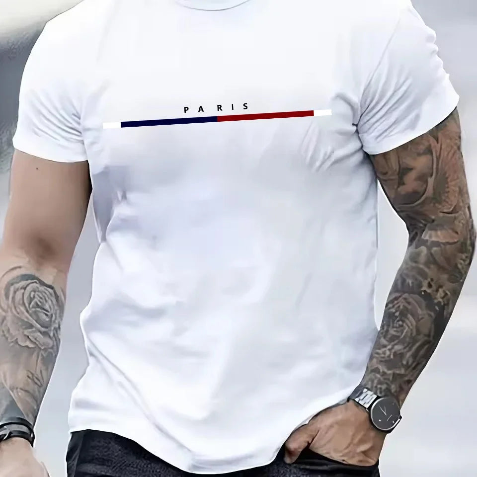 2026 Hot Sale Men's 100% Cotton Summer Loose PARIS Creative Letter Print Casual Slim Fit Round Neck Short Sleeved T-shirt Top