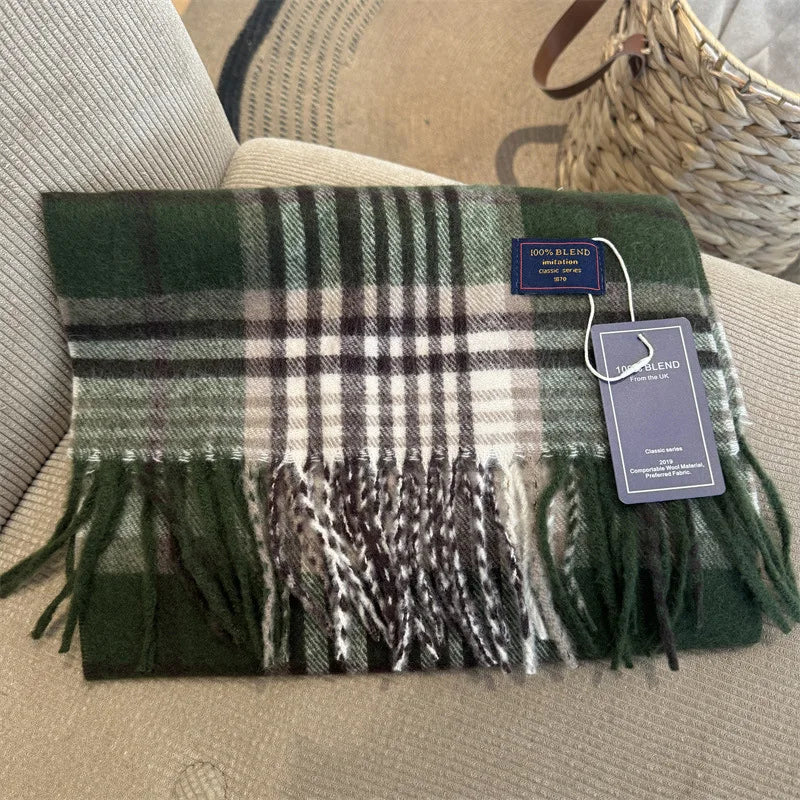 Faux Cashmere Plaid Scarf British Classic Style Light Luxury Unisex Warm Winter Autumn Neck Wrap for Couple