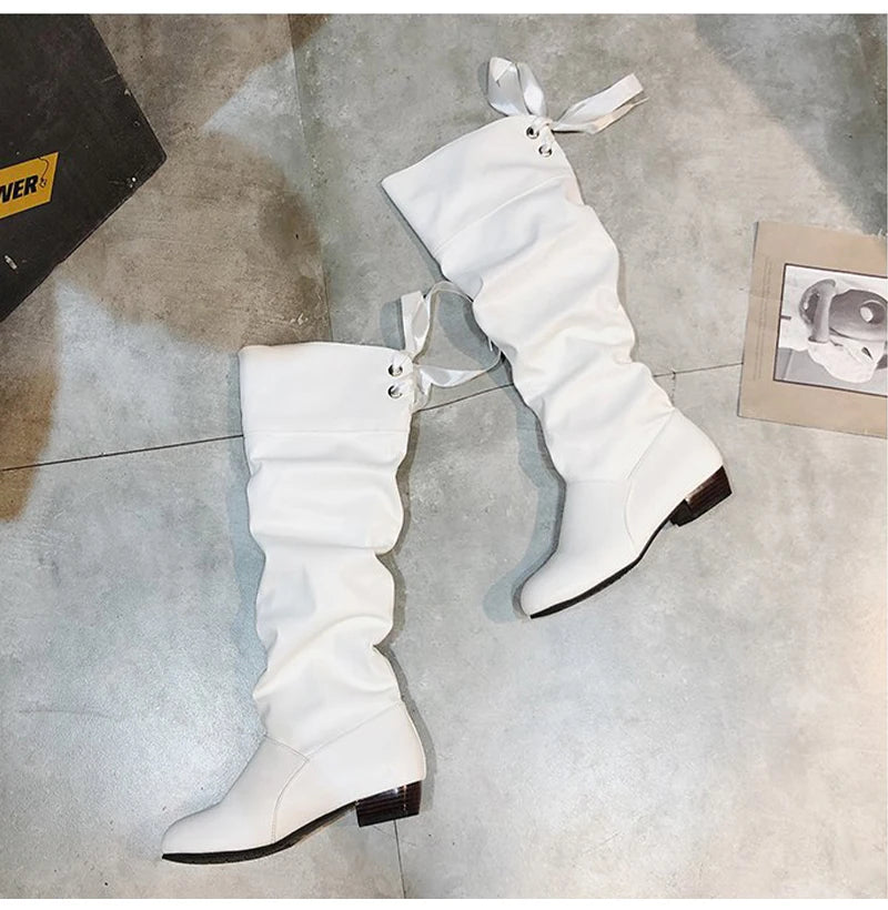 Shoes For Women  Knee High Boots Red Black White Tall Boots Woman Pleated Low Heel Casual Leather Female Long Shoes 2024