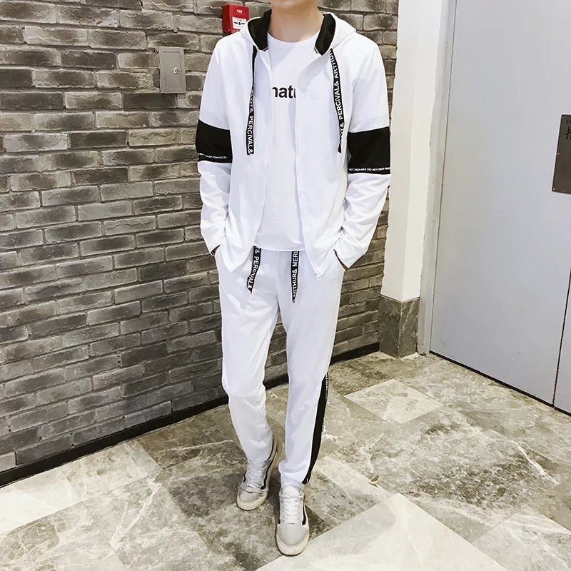 Autumn Unisex Korean Color Block Hooded Two Piece Tracksuit Letter Print Drawstring Hoodie Jogger Pants Loose Hip Hop Student Da