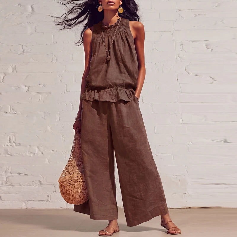 Summer Cotton Linen Solid Color Sleeveless Vest Top Women Pants Suit Casual Pocket Elegant Female Office Retro 2 Piece Set