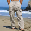 Men's Linen Cargo Pants Drawstring Multi-Pocket Straight Leg Solid Color Breathable Casual Outdoor Trousers
