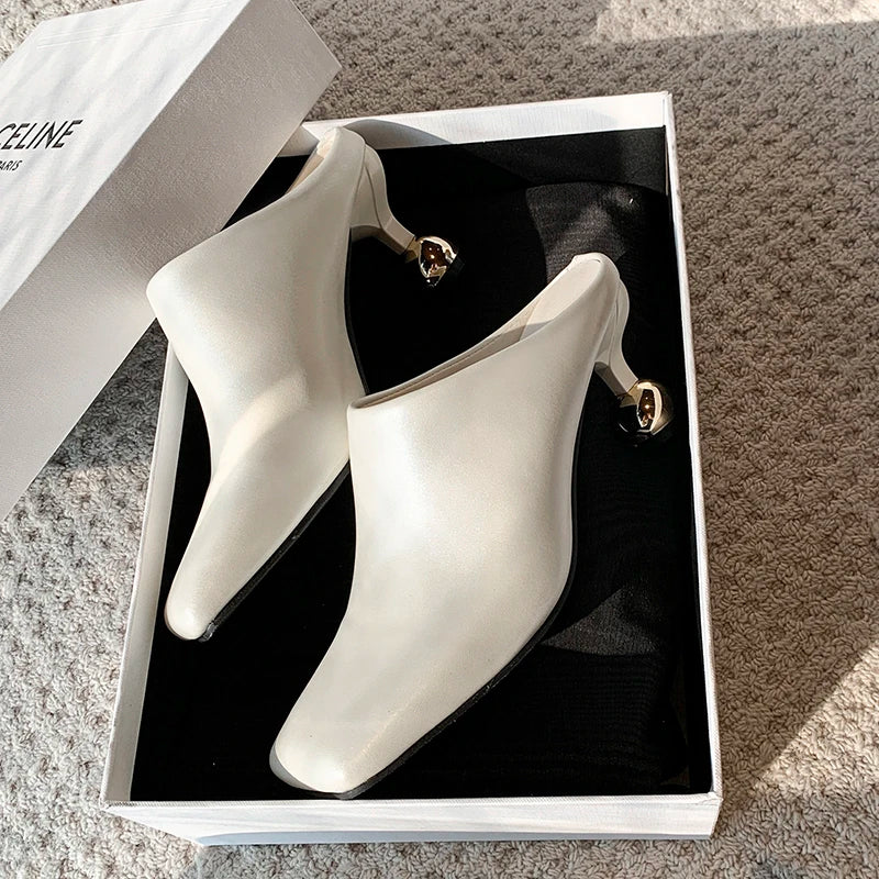 White Sheepskin Square Head Women's Slipper Baotou Textured Elegant Commuter Casual Simple Sense of Classic Wine Glass Heels New