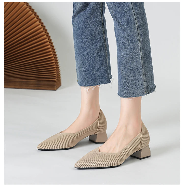 2026 New Women's High Heels Large 42/43 Fashion Pointed Anti slip Rubber Bottom Knitted Breathable Shoes