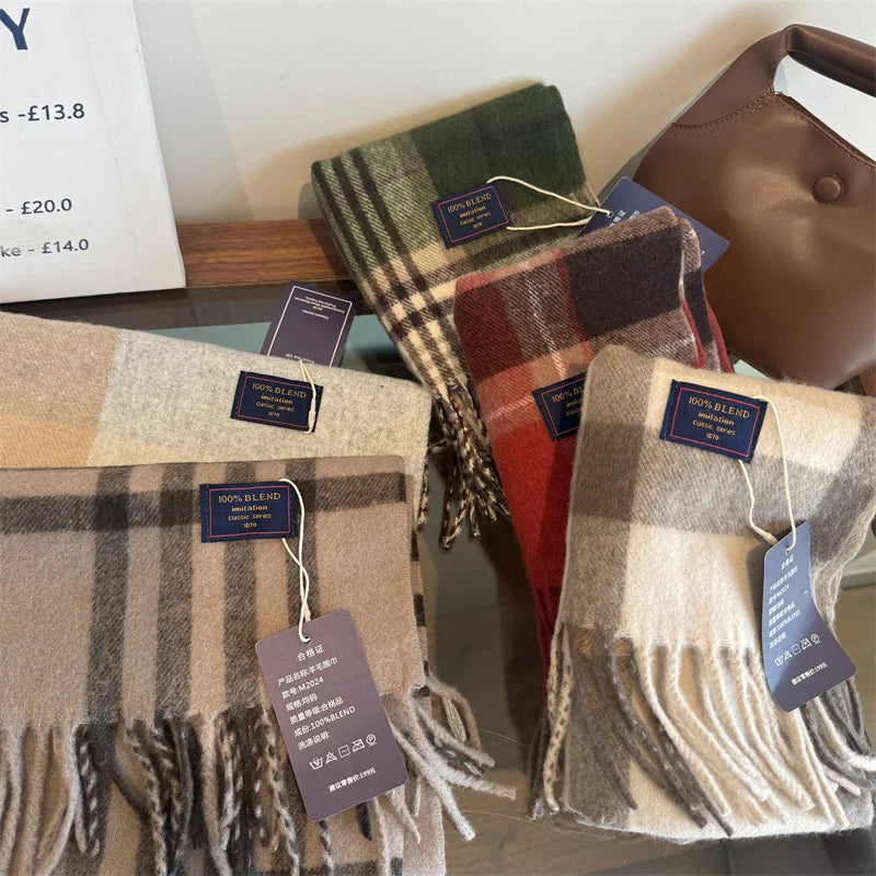 Faux Cashmere Plaid Scarf British Classic Style Light Luxury Unisex Warm Winter Autumn Neck Wrap for Couple