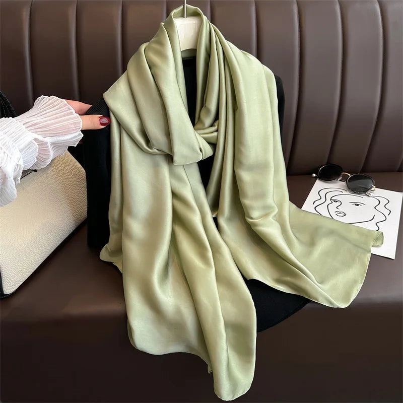 Plain Solid Basic Design 100% Silk Feeling Scarf for Women 180x90cm Shawl Wrap Luxury Female Hijab Headband Foulard Beach Stoles