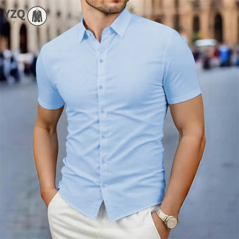 2025 New Men's Business Casual Solid Color Short Sleeved Shirt for Summer Fashion No Ironing Comfortable and Versatile Top