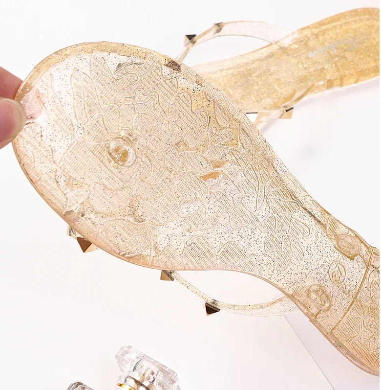 Women Low Pricing  Jelly Shoes Rivets Studs Bow-Knot Leisure Daily Flip-Flops For Raining Days Anti-Slip Flat Slippers Zoris 36