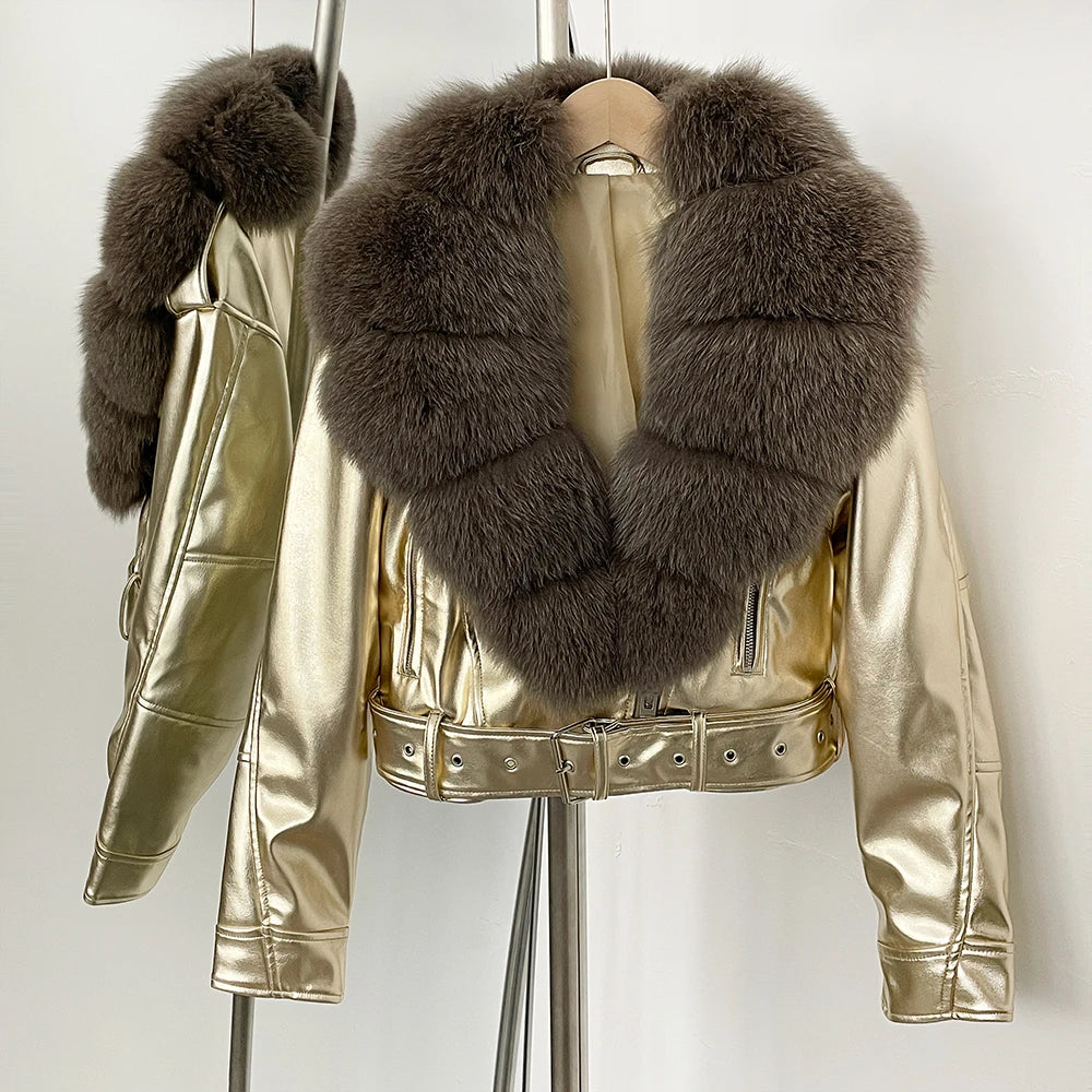 Elegant Faux Leather Jacket Female New Natural Fox Fur Autumn Short Top Clothing PU Women Long Sleeve Fake Leather Real Fur Coat