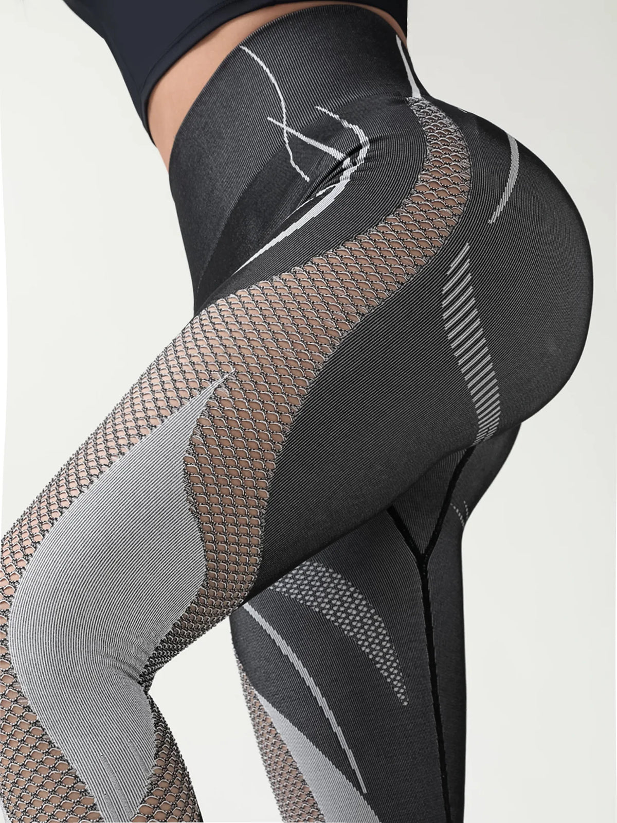 Seamless Hollow Mesh Panel Scrunch Booty Leggings High Waist Workout Sports Tights