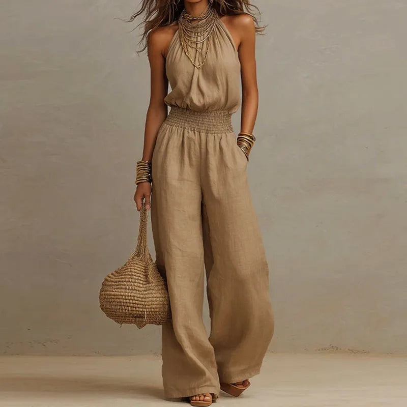 Boho Halter Backless Jumpsuit  Wide Leg Summer Romper