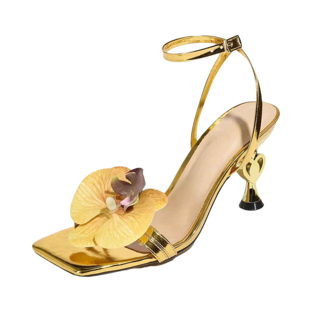 Women's Decorative Orchid Cross Band Ankle Strap Sandals Open Toe Square Head Thin Heel Clogs Fashionable Summer Shoes