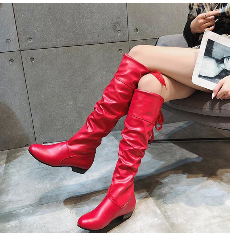 Shoes For Women  Knee High Boots Red Black White Tall Boots Woman Pleated Low Heel Casual Leather Female Long Shoes 2024