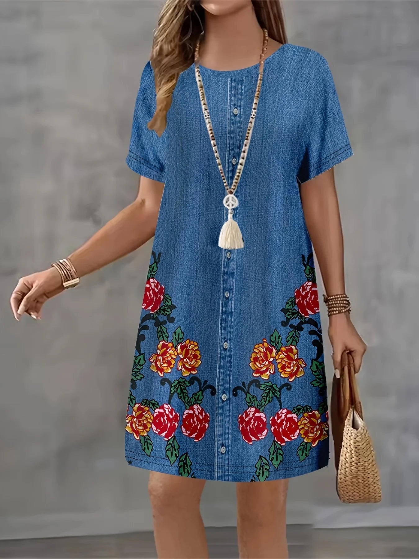 Women's Summer Short Seeved Round Neck Casual Mini Dress Vintage 3D Imitation Denim Printed Dress Elegant Women's Dress Vestidos
