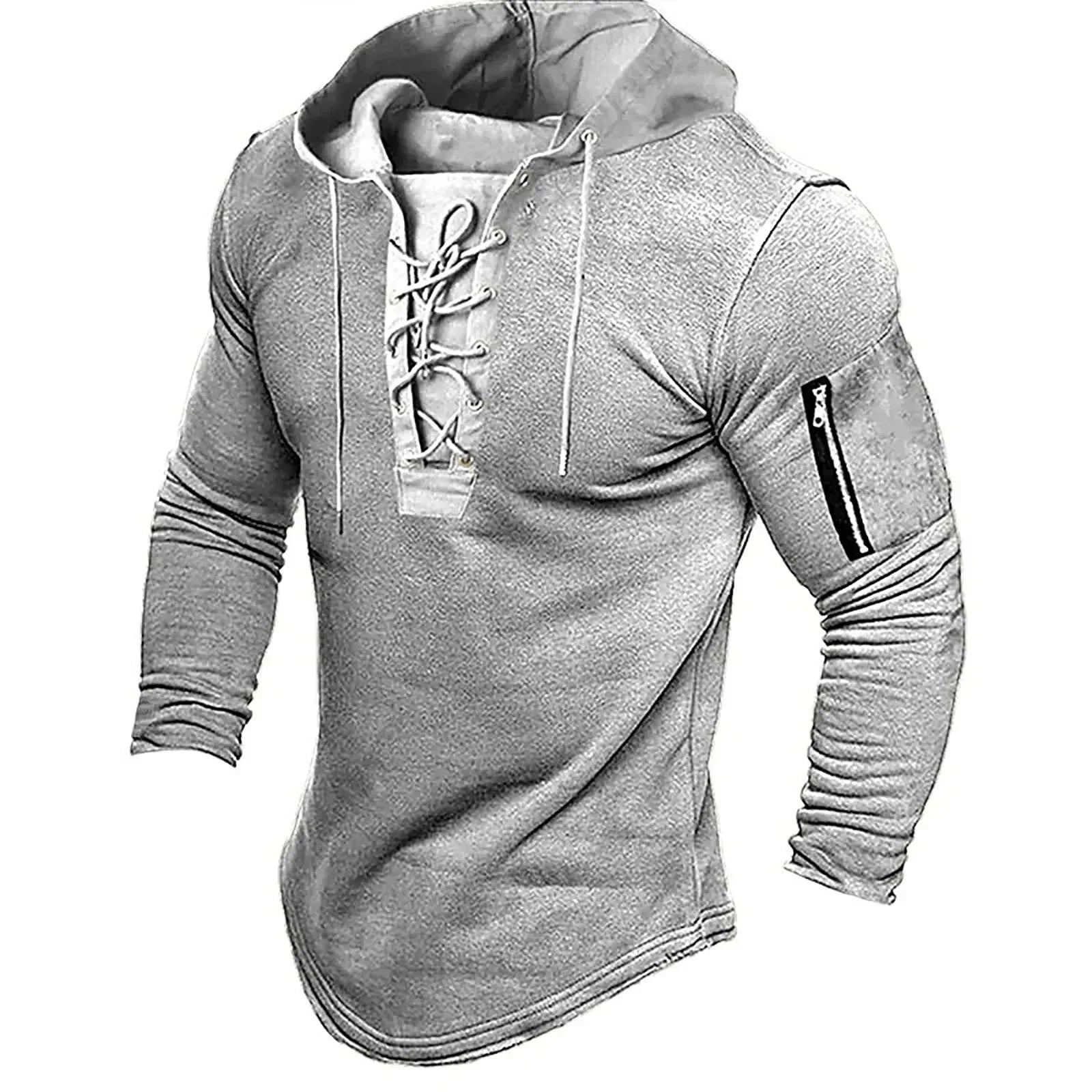 Men Pullover Hooded Sweatshirt Solid Color Lace Up Sports Casual Hoodies Spring Autumn Clothing American Retro Mens Sweatshirt