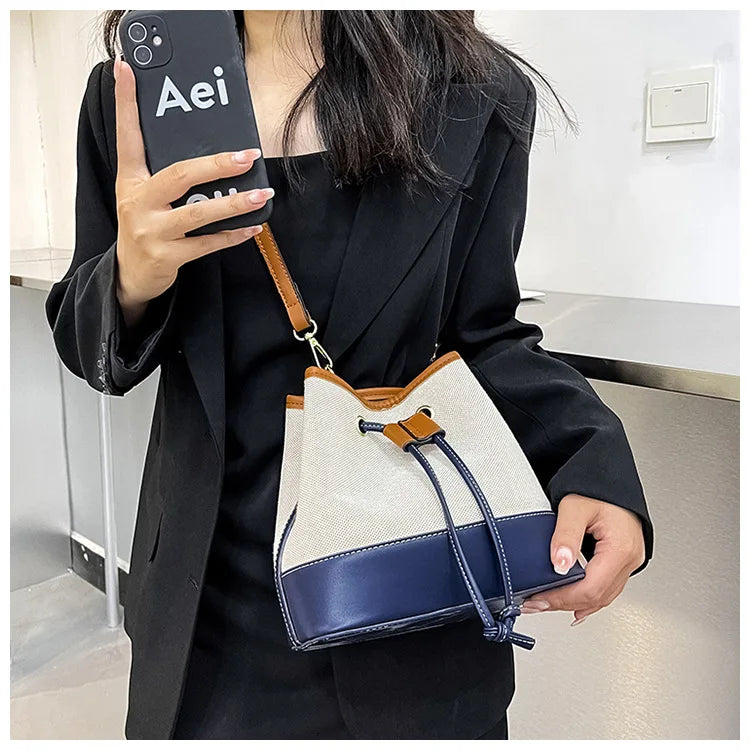 Canvas Bucket Bag Luxury Designer Handbags Women PU Shoulder Bag Fashion Crossbody Daily Commuting Tote Bag