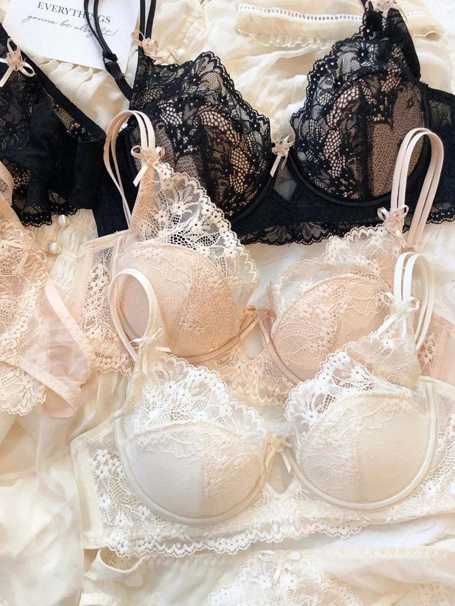 New Women Lingerie Set Sexy Lace Push Up Bra French 3/4 Thin Cup bralette Cute Bow Decoration Underwear Comfort Bras Briefs Sets