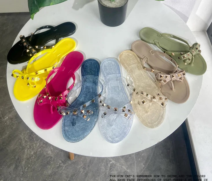 Ladies Leisure Waterproof Shoes Summer Zoris Slippers In Flats Clear Yellow Flip-Flops With Gold Stud Bow-Knot PVC Slides 36-42