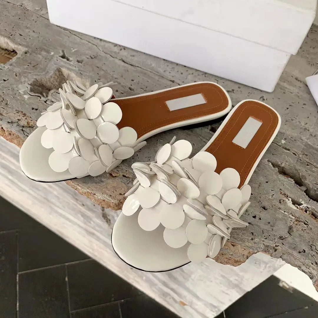 Flower Genuine Leather Flat Bottom Cool Slippers for Women's Casual Versatile One line Dragging Style Vacation Outerwear Beach S