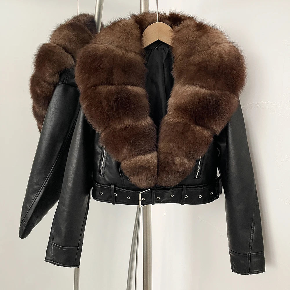 Faux PU Leather Jacket Natural Fox Fur Female New Autumn Short Top Clothing Women Long Sleeve Fake Leather Coat Real Fur Coat