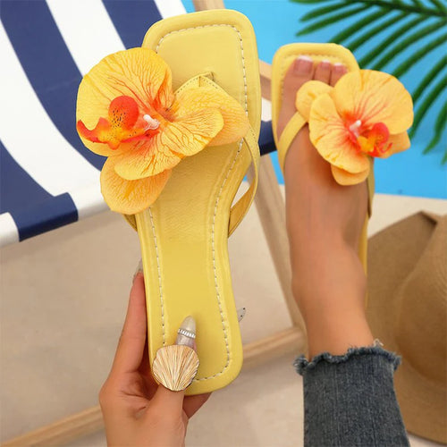 Beach Vacation Clip Toe Orchid Floral Sandals Women Yellow Bohemian Flat Flip-Flops Woman Outdoor Comfortable Soft Soles Sandals