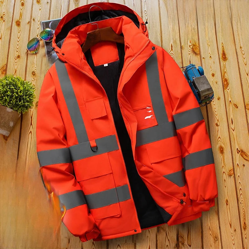 Thiened Fce Workwear Jaet ex Warm Windproof Reflective Cotton Coat Men's Casual Sle Removable Hat Zipper Closure