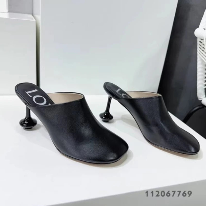 White Sheepskin Square Head Women's Slipper Baotou Textured Elegant Commuter Casual Simple Sense of Classic Wine Glass Heels New
