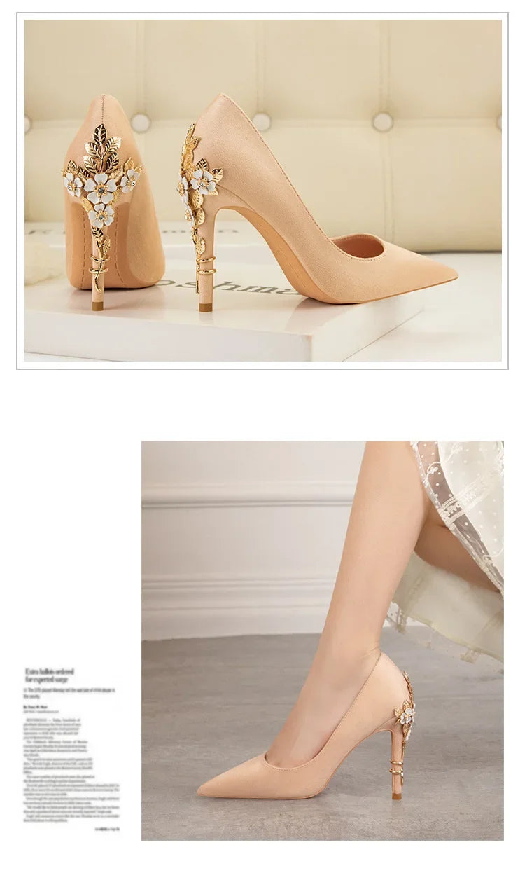 High End Metal Flower High Heels New European American Fashion Luxury Sexy Pointed Women's Shoes Banquet Party Casual Shoes
