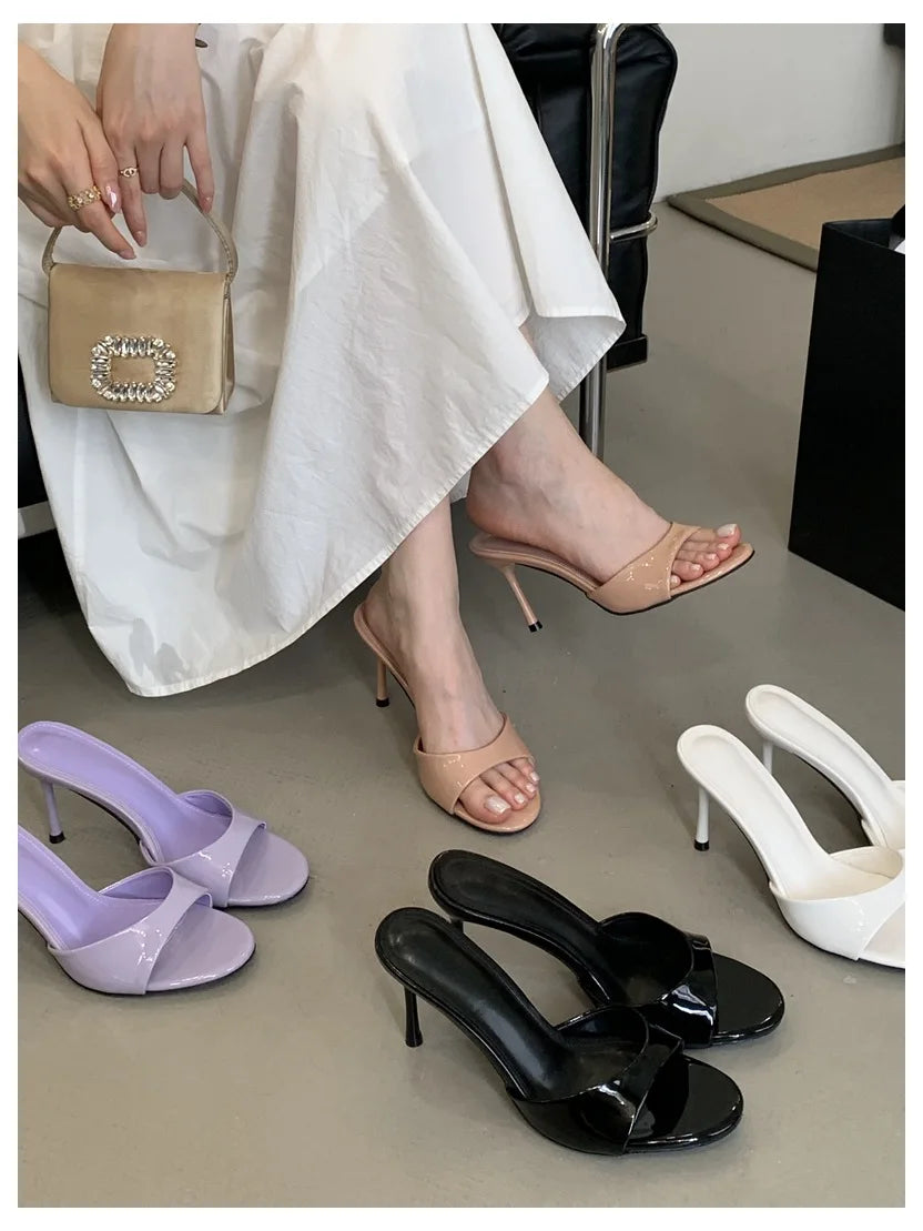 2026 Fashion Sexy Thin High Heels Slides Women Open Toe Pumps Slip Sandal Female Slippers Mule Patent Leather Outdoor Flip Flops