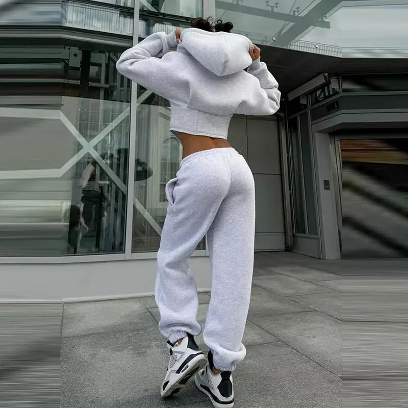 Street Women's Solid Hooded Sweatshirt Jacket Slim Long Sleeved Zipper Waist Cinching Cropped Jackets 2026 Autumn Lady Suits New
