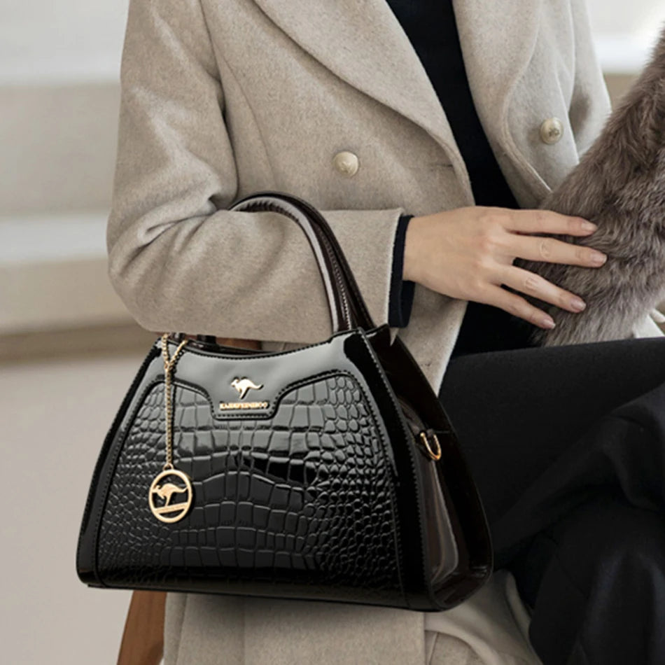 Luxury Patent Leather Handbags for Women Designer Crocodile Pattern Women's Shoulder Crossbody Bag Hobos Ladies Messenger Stone