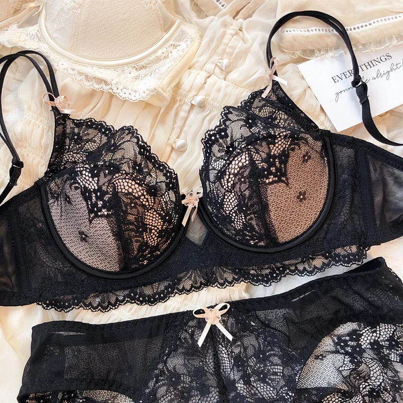 New Women Lingerie Set Sexy Lace Push Up Bra French 3/4 Thin Cup bralette Cute Bow Decoration Underwear Comfort Bras Briefs Sets