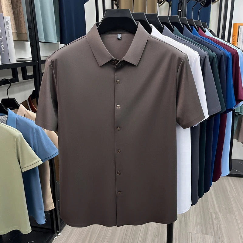 Mens Summer Business Short Sleeved Shirt Seamless Construction High Stretch Easy Care for AllDay Comfort