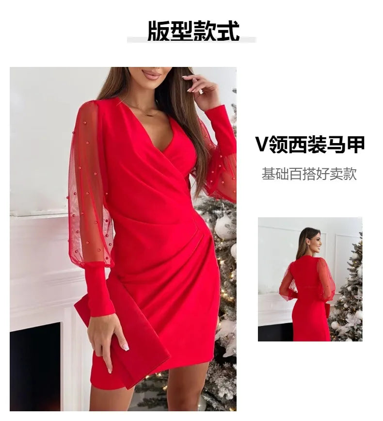 Women's Spring Autumn V-neck Lace Long Sleeve Bodycon Dress