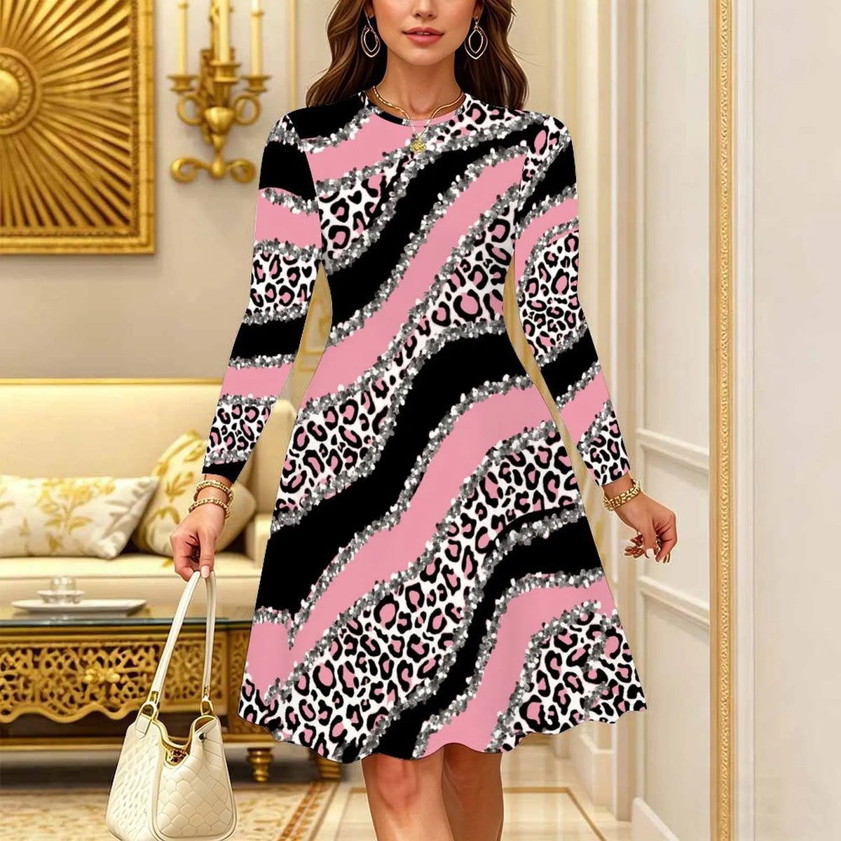 Women's Bohemian Casual Midi Dress Print Round Neck Long Sleeve A Line Loose Swing Dresses