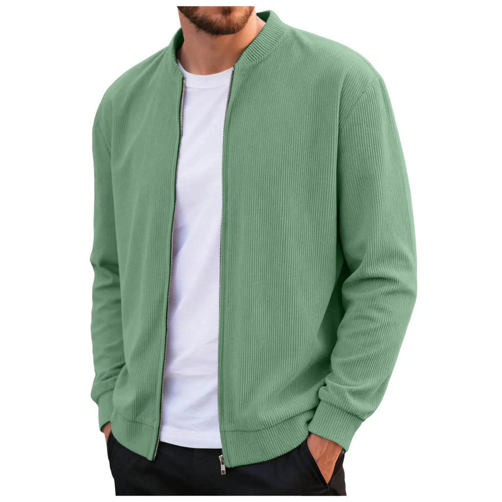 Corduroy Solid Color Men'S Casual Coat Round Neck Zipper Long Sleeve Outerwear Autumn/Winter Stylish Male Jacket Overcoat