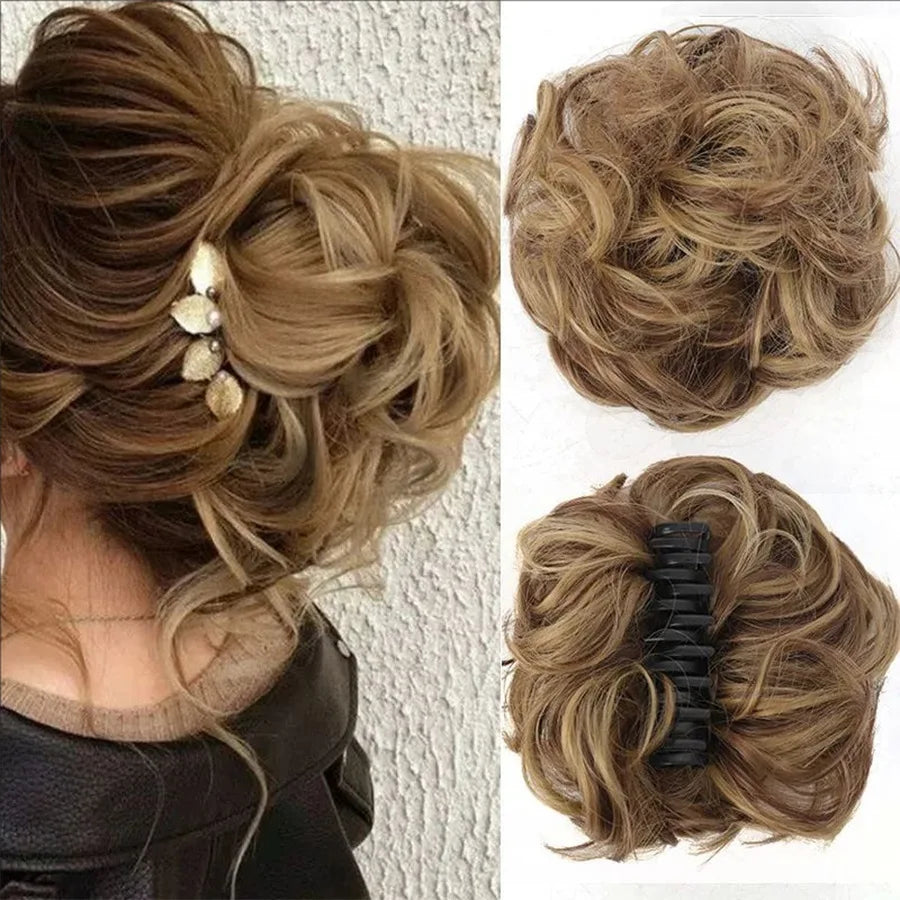 Synthetic messy hair clip bun short curly hair clip in a woman's ponytail hair extension bun wig