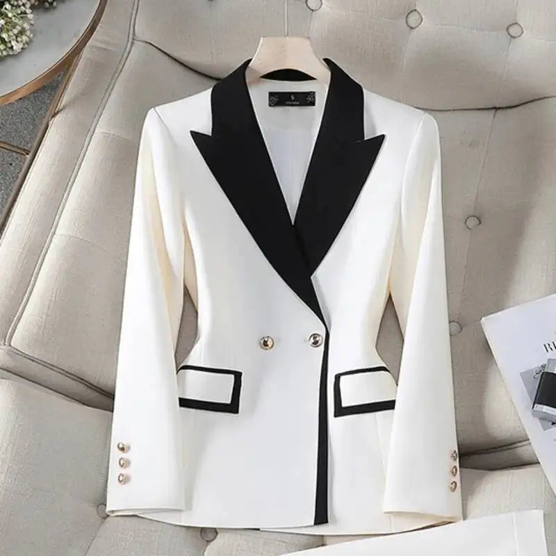 XFPV Office Lady Women Long Sleeves Blazer 2025 Autumn New Contrast Color Double Breasted Notched Loosĺe Blazers Coat Autumn New