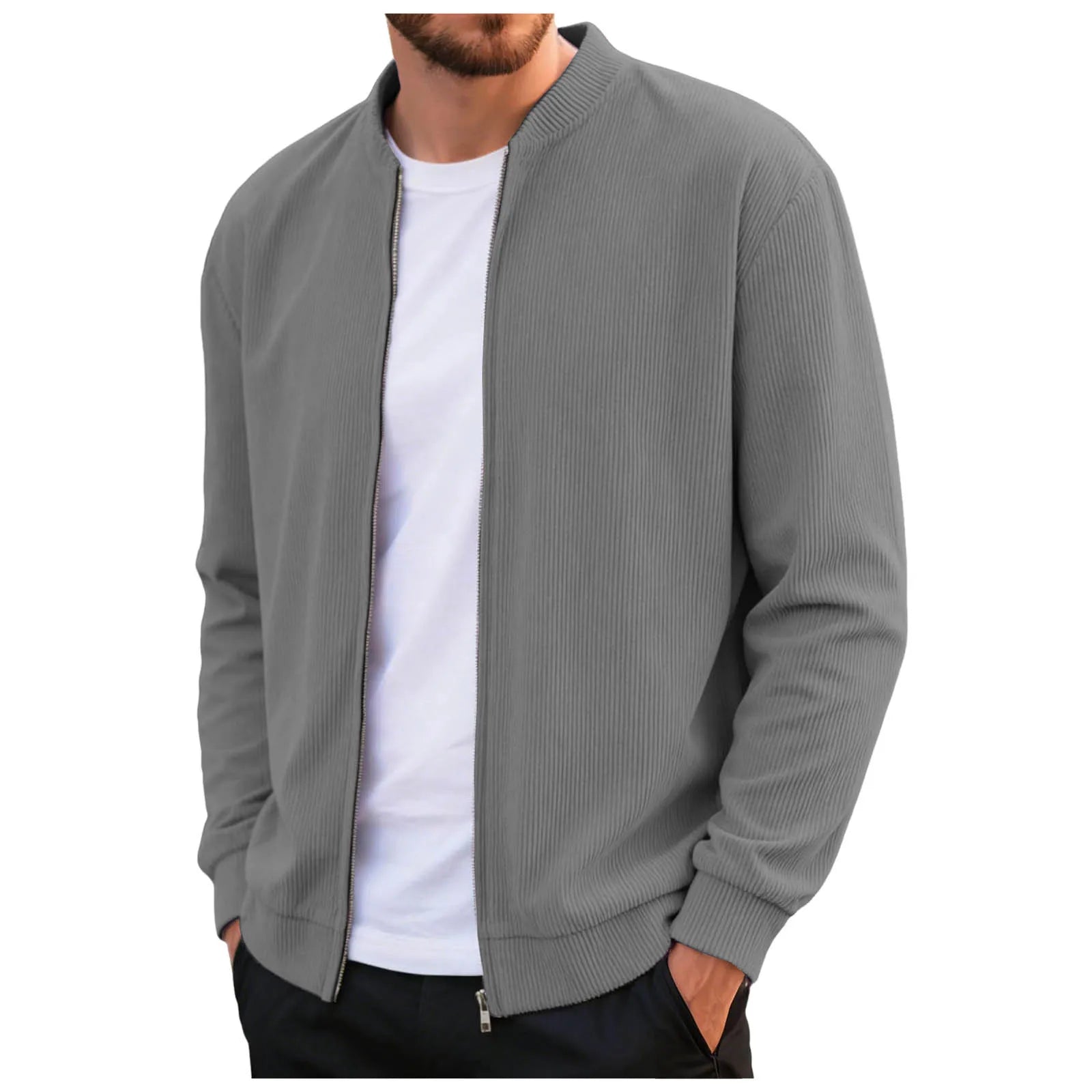 Corduroy Solid Color Men'S Casual Coat Round Neck Zipper Long Sleeve Outerwear Autumn/Winter Stylish Male Jacket Overcoat