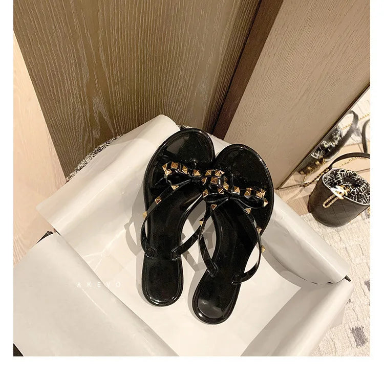 Ladies Leisure Waterproof Shoes Summer Zoris Slippers In Flats Clear Yellow Flip-Flops With Gold Stud Bow-Knot PVC Slides 36-42